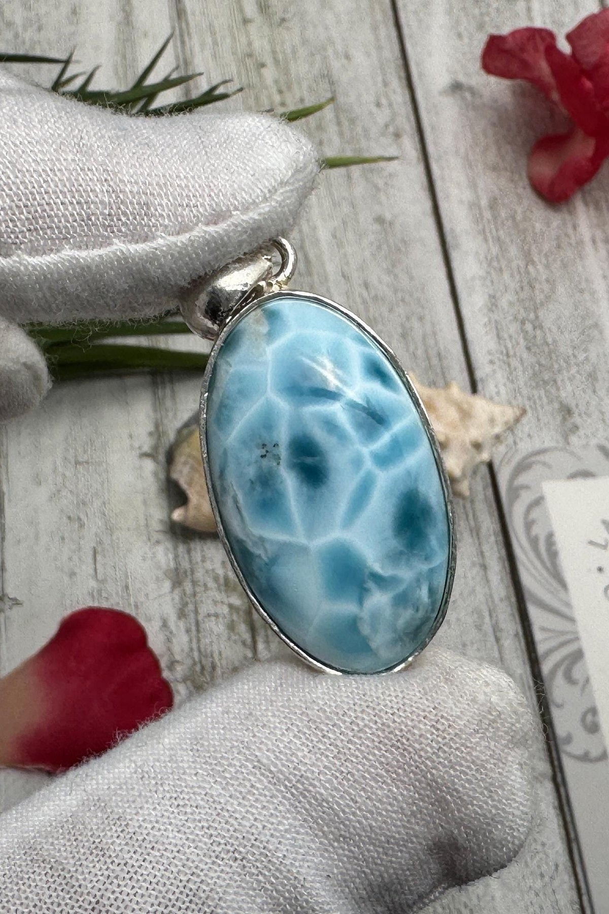 Oval Larimar Pendant Blue Gemstone Sterling Silver Handmade Dominican Stone Necklace Jewelry