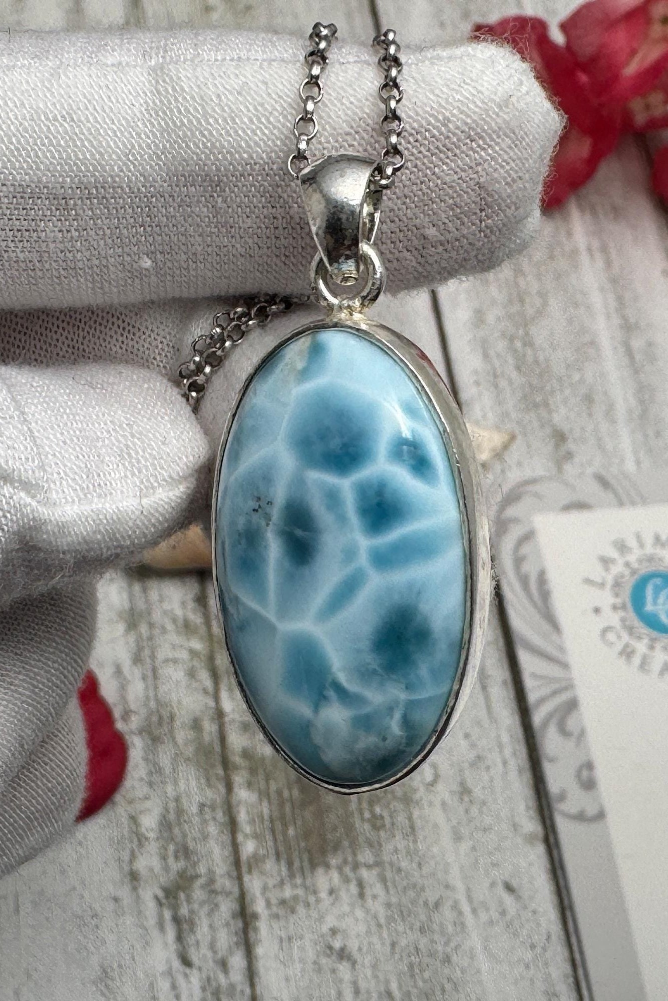 Oval Larimar Pendant Blue Gemstone Sterling Silver Handmade Dominican Stone Necklace Jewelry