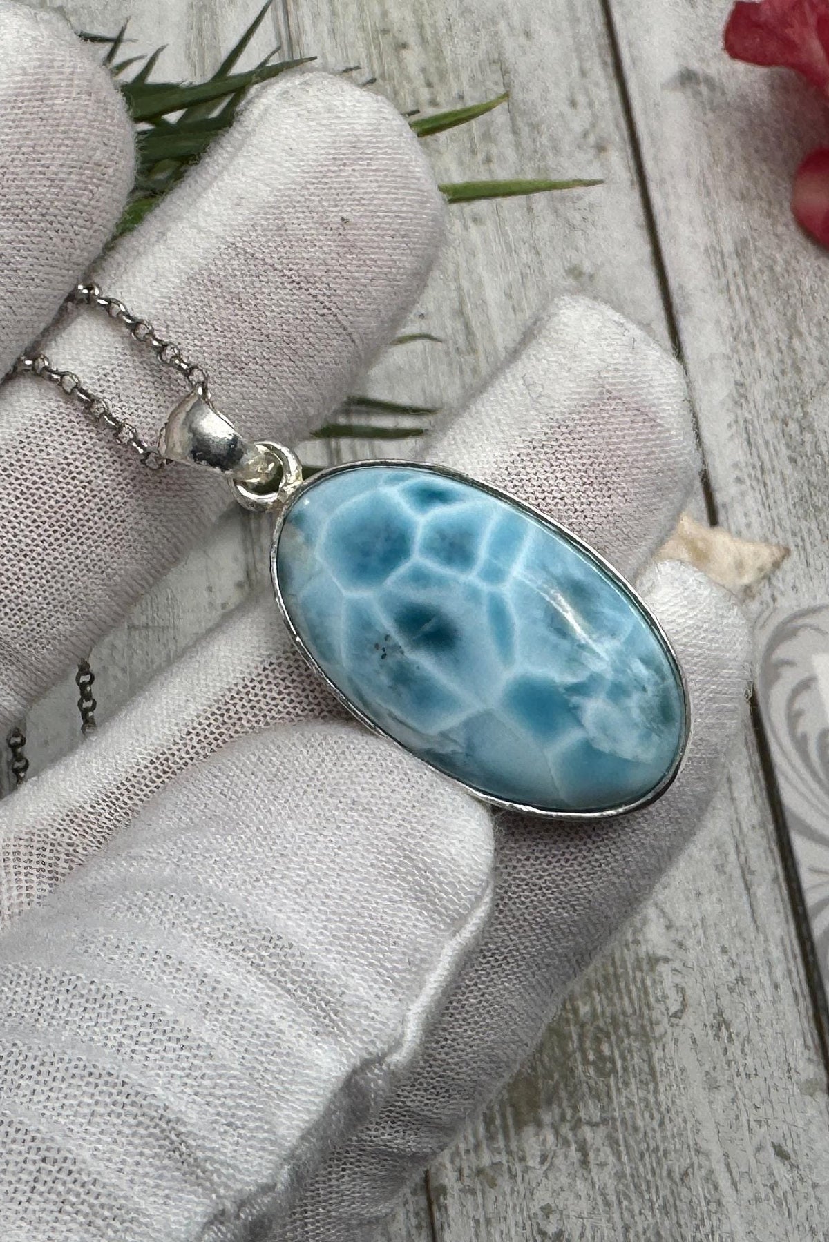 Oval Larimar Pendant Blue Gemstone Sterling Silver Handmade Dominican Stone Necklace Jewelry
