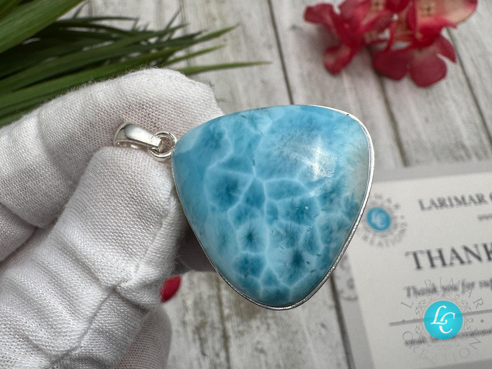 Large Triangle Larimar Pendant, 925 Sterling Silver, Dominican Blue Gemstone Necklace
