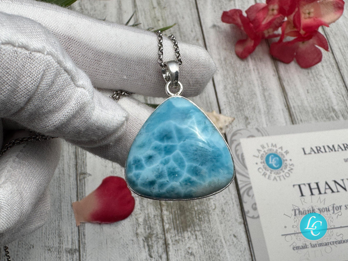 Large Triangle Larimar Pendant, 925 Sterling Silver, Dominican Blue Gemstone Necklace