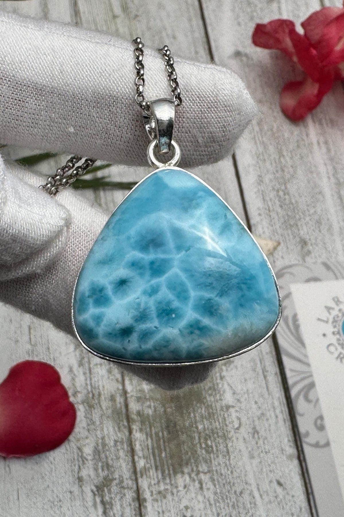 Large Triangle Larimar Pendant, 925 Sterling Silver, Dominican Blue Gemstone Necklace