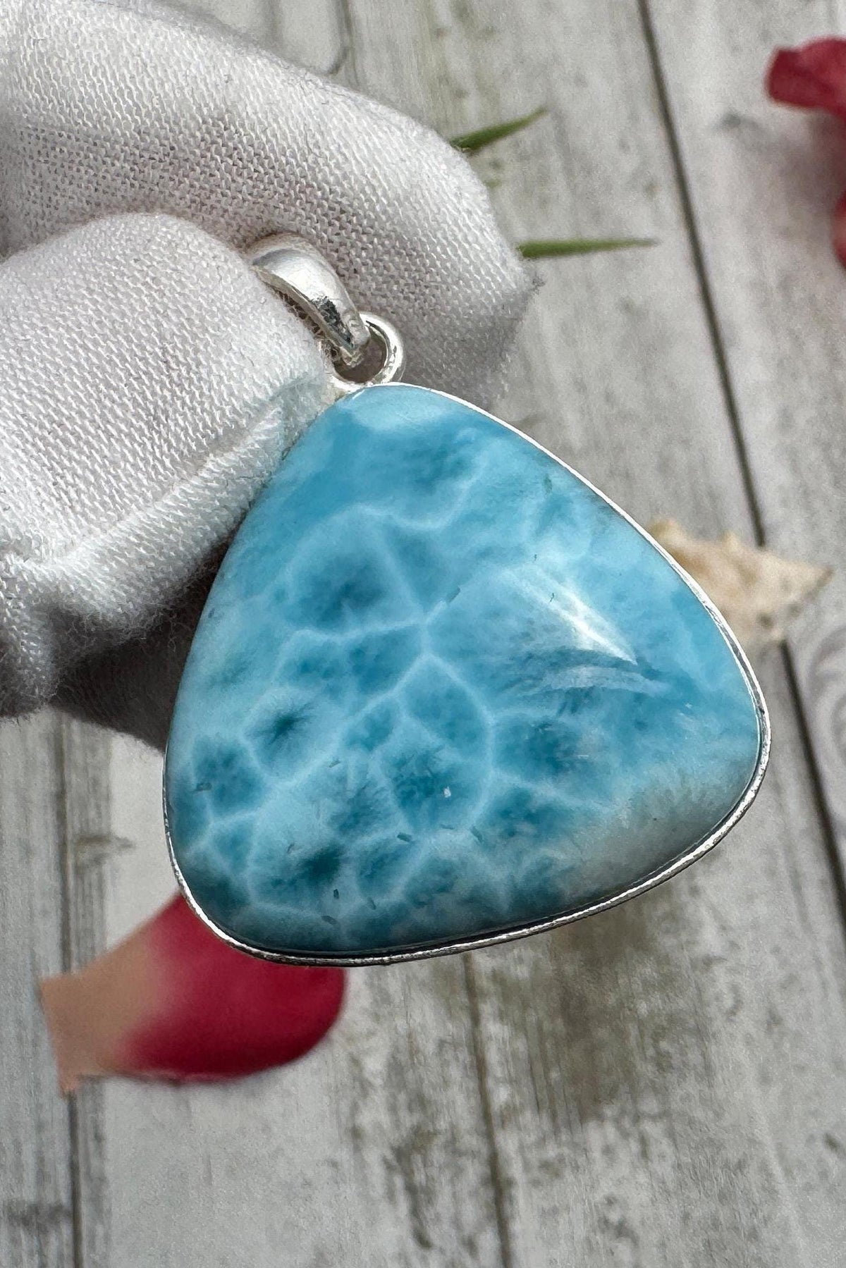 Large Triangle Larimar Pendant, 925 Sterling Silver, Dominican Blue Gemstone Necklace