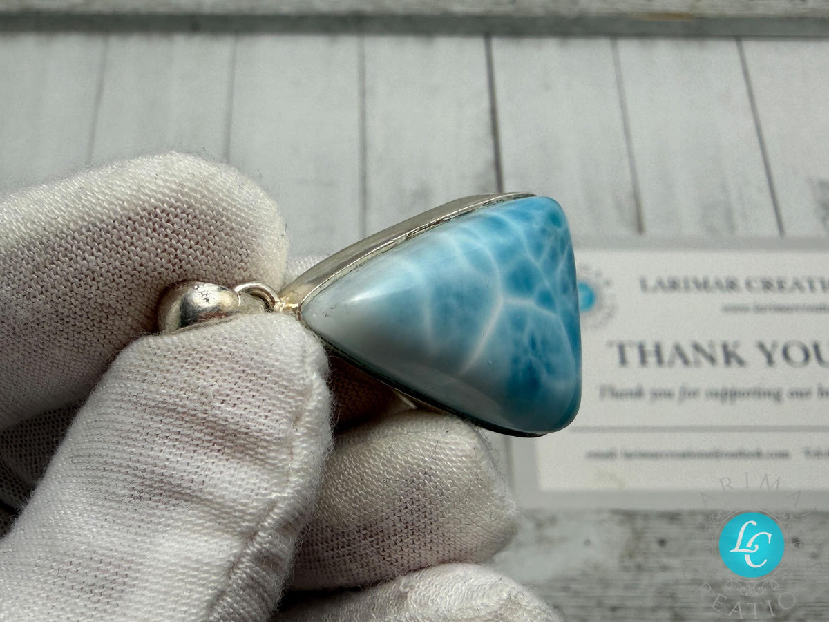 Large Triangle Larimar Pendant Necklace, Sterling Silver Caribbean Blue Stone, Boho Style
