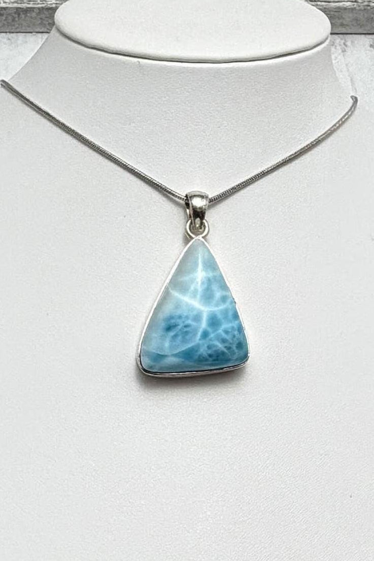 Large Triangle Larimar Pendant Necklace, Sterling Silver Caribbean Blue Stone, Boho Style