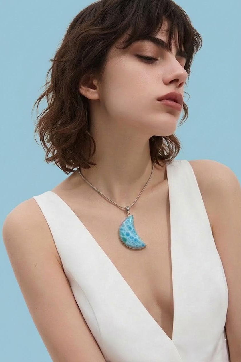 Polished Larimar Moon Cabochon – Deep Blue Gemstone for Jewelry Making