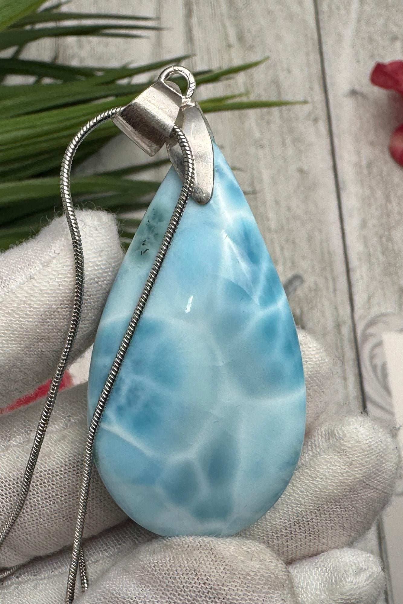 Large Larimar Sterling Silver Pendant Ocean Blue Gemstone Jewelry Healing Crystal