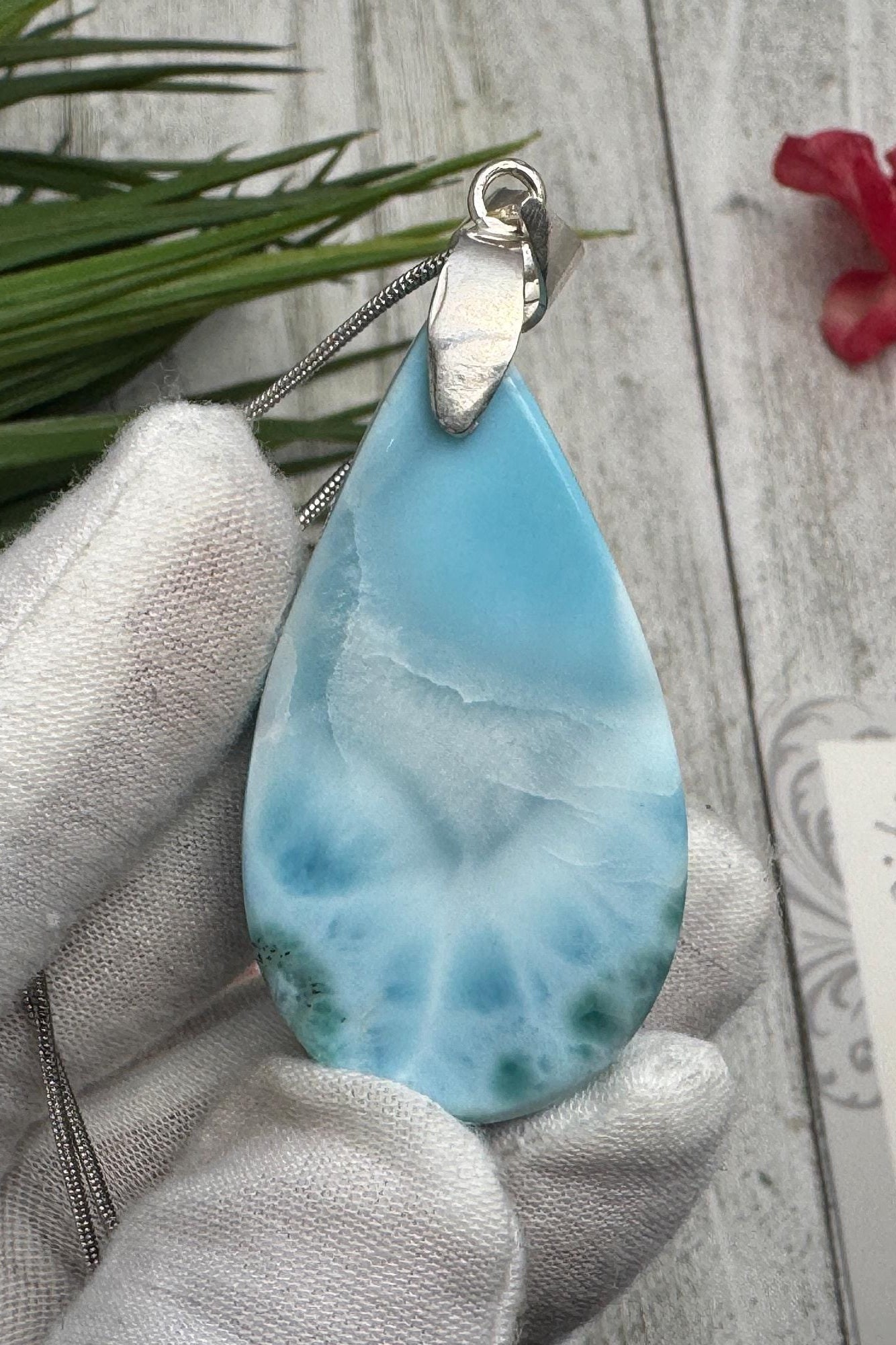Large Larimar Sterling Silver Pendant Ocean Blue Gemstone Jewelry Healing Crystal