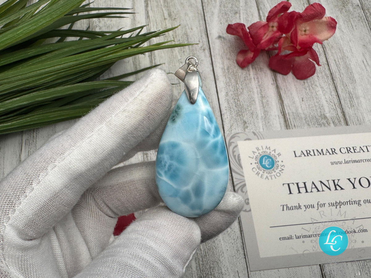 Large Larimar Sterling Silver Pendant Ocean Blue Gemstone Jewelry Healing Crystal