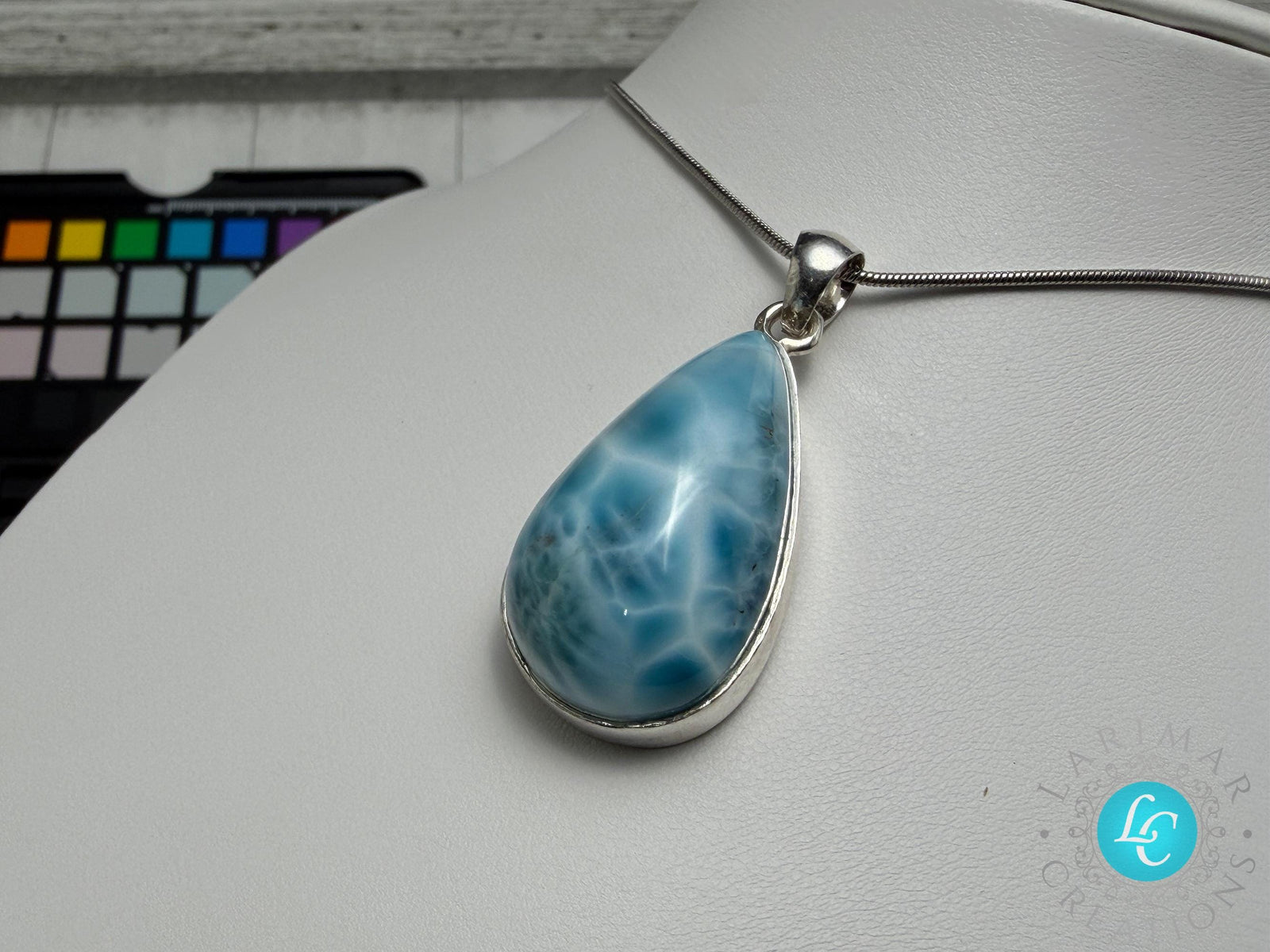 Larimar Pendant 925 Sterling Silver Big Rectangle Double Sided Polished Dominican Gemstone Necklace