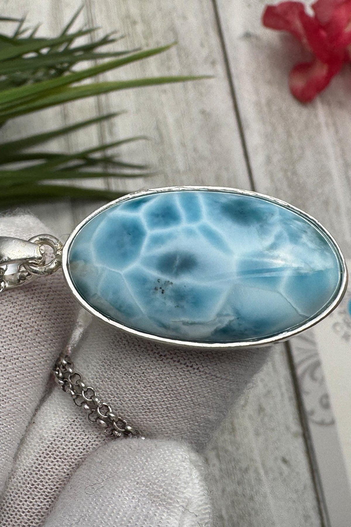Oval Larimar Pendant Blue Gemstone Sterling Silver Handmade Dominican Stone Necklace Jewelry