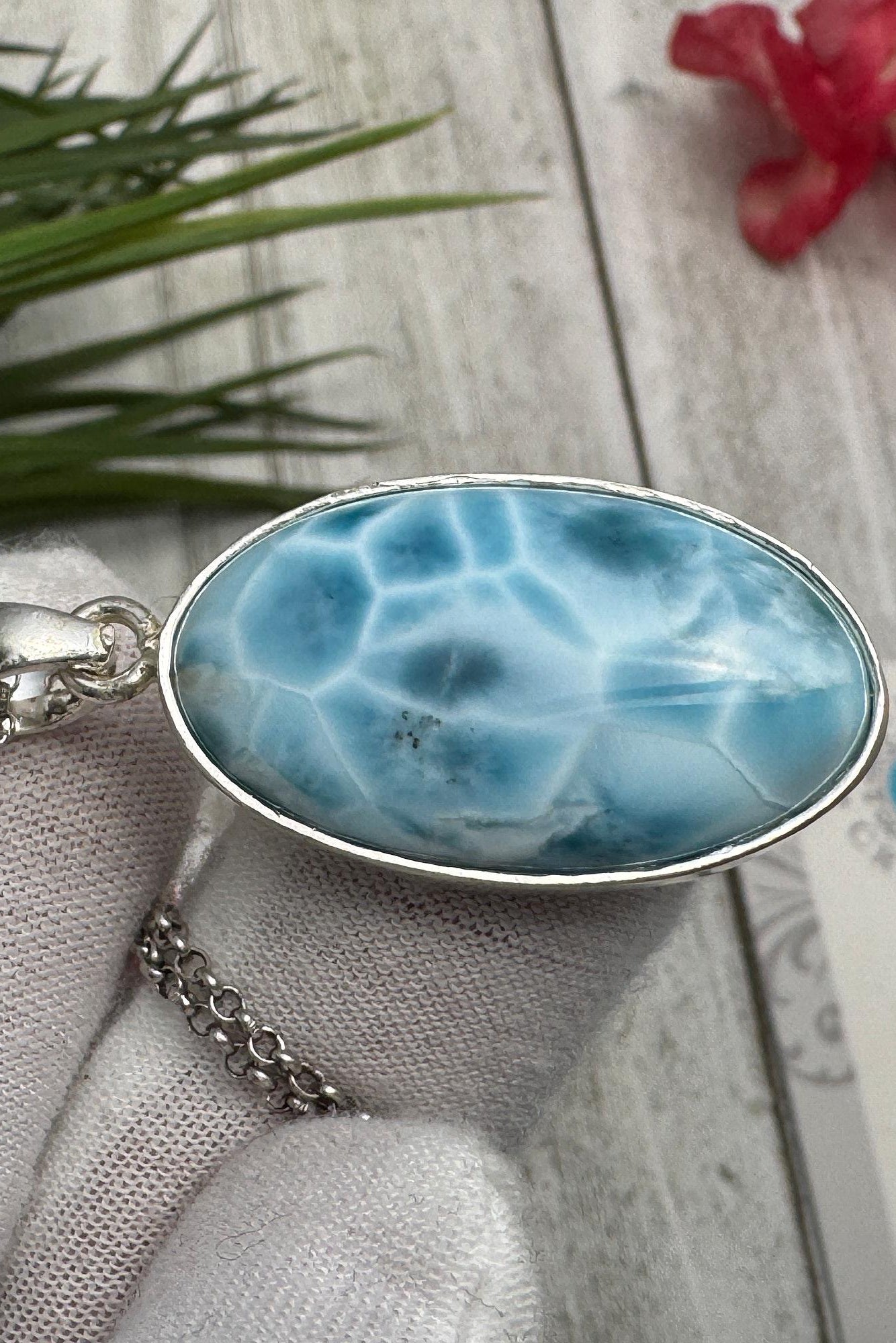 Oval Larimar Pendant Blue Gemstone Sterling Silver Handmade Dominican Stone Necklace Jewelry