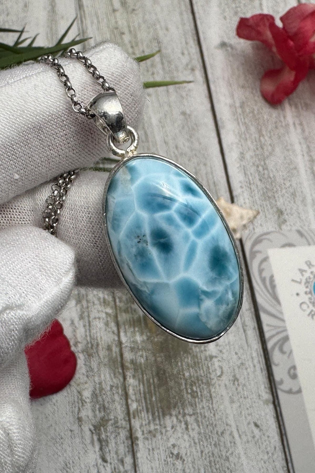 Oval Larimar Pendant Blue Gemstone Sterling Silver Handmade Dominican Stone Necklace Jewelry