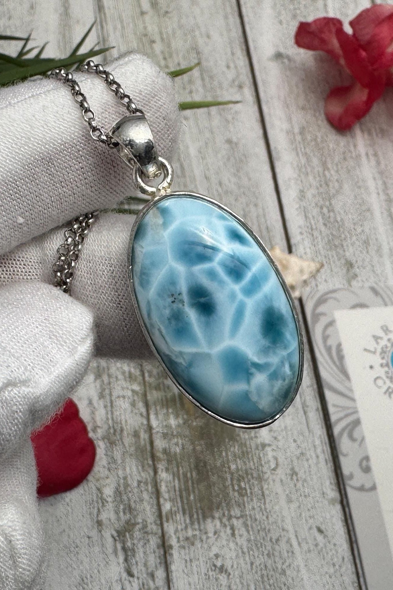Oval Larimar Pendant Blue Gemstone Sterling Silver Handmade Dominican Stone Necklace Jewelry