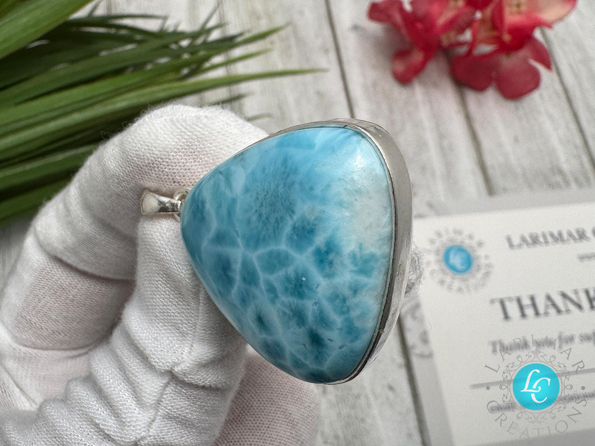 Large Triangle Larimar Pendant, 925 Sterling Silver, Dominican Blue Gemstone Necklace