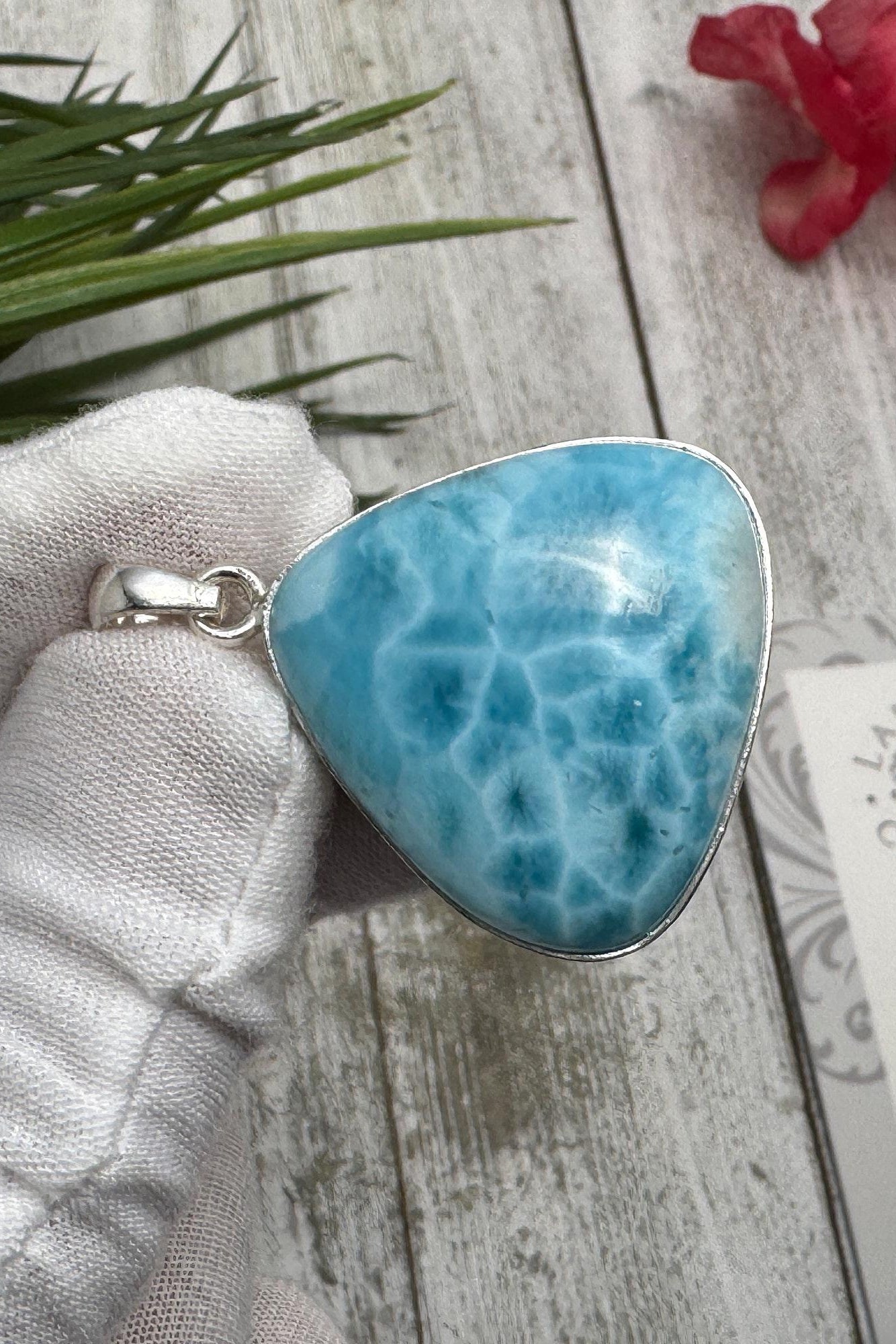 Large Triangle Larimar Pendant, 925 Sterling Silver, Dominican Blue Gemstone Necklace