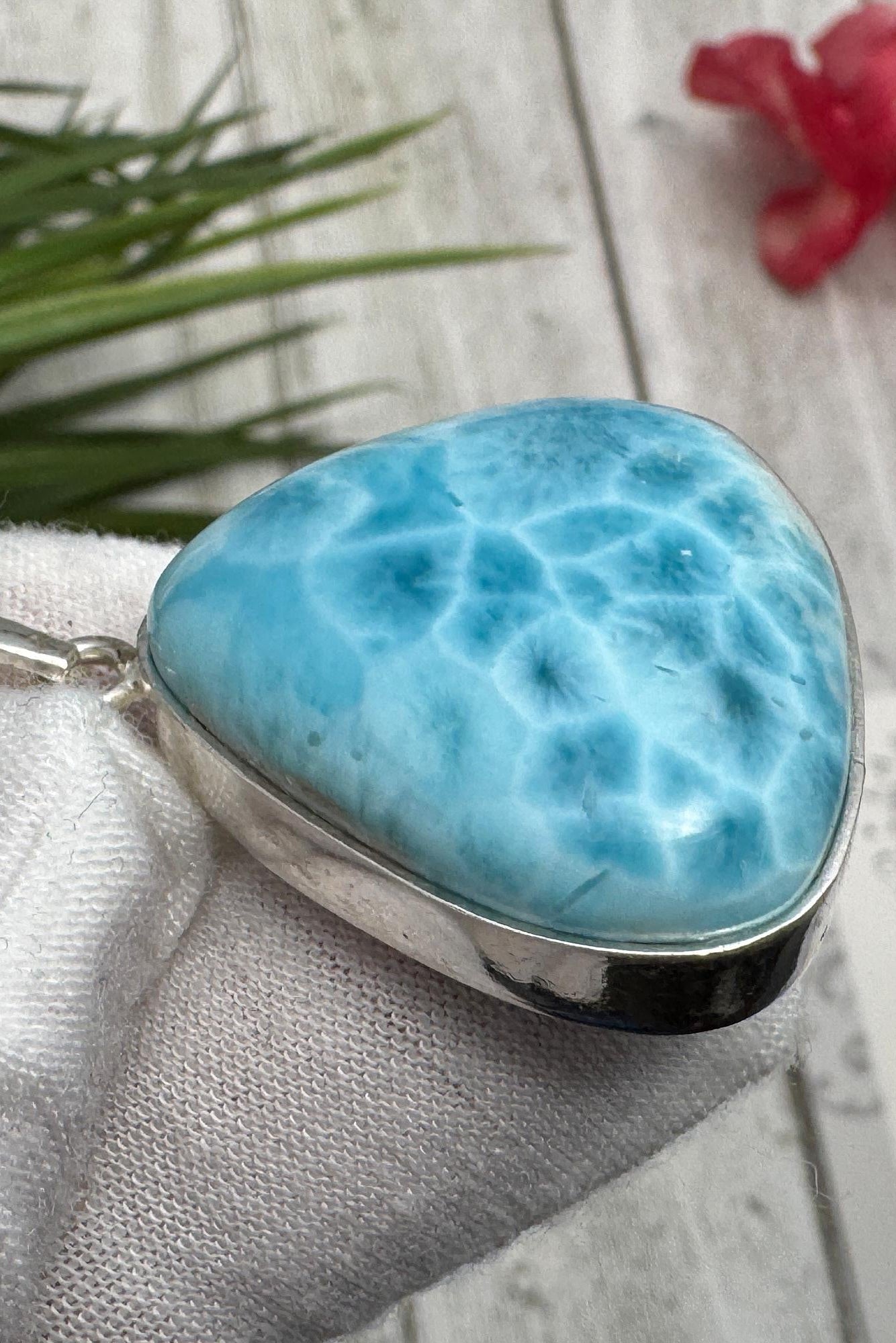 Large Triangle Larimar Pendant, 925 Sterling Silver, Dominican Blue Gemstone Necklace