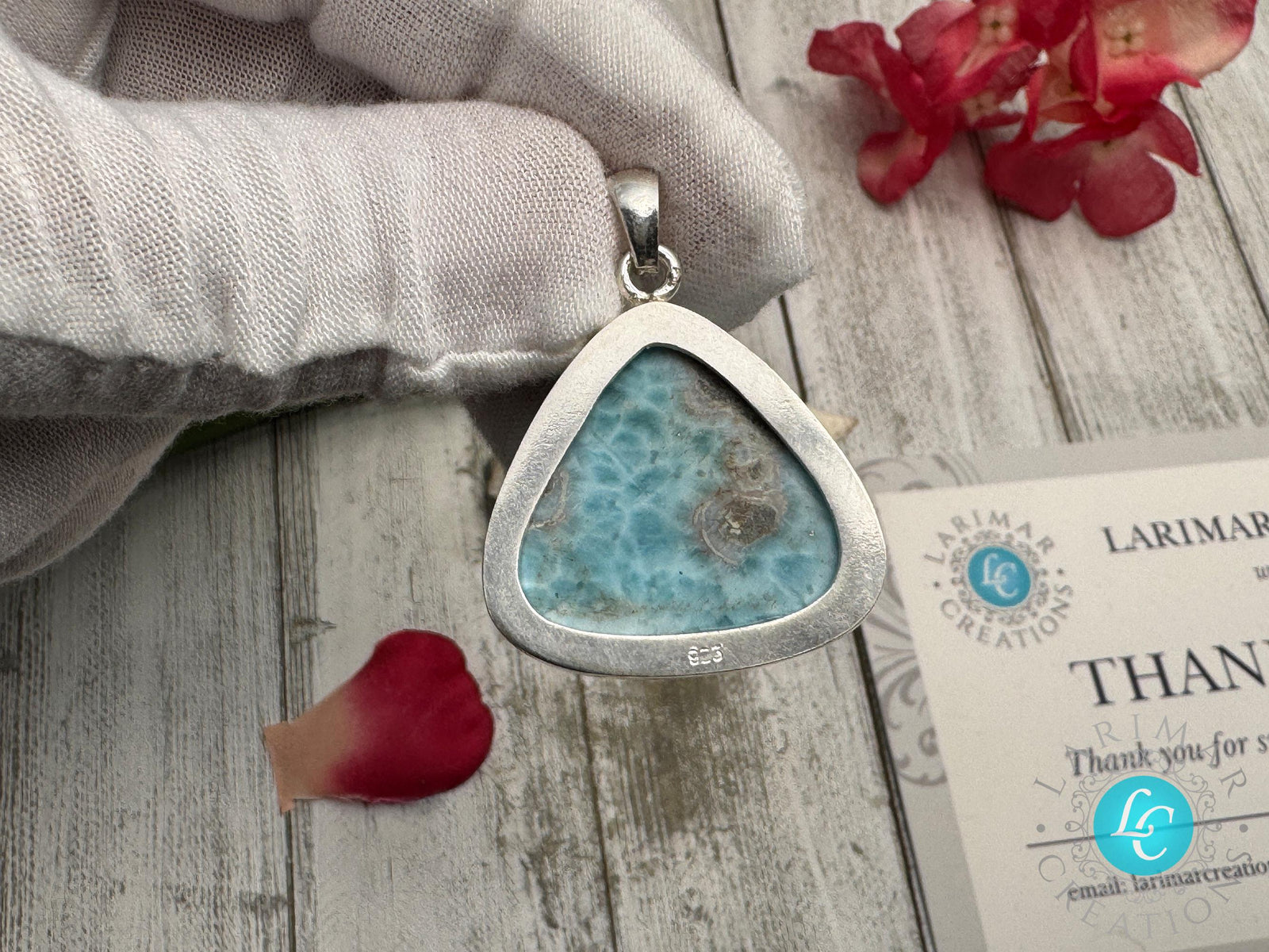 Large Triangle Larimar Pendant, 925 Sterling Silver, Dominican Blue Gemstone Necklace