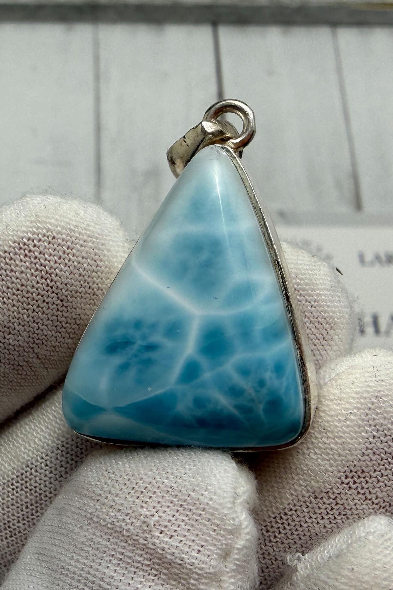 Large Triangle Larimar Pendant Necklace, Sterling Silver Caribbean Blue Stone, Boho Style