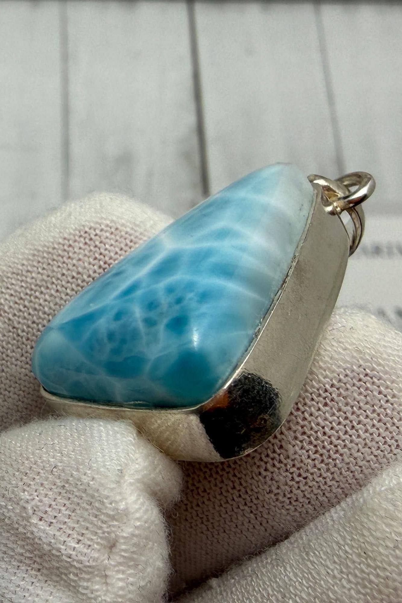 Large Triangle Larimar Pendant Necklace, Sterling Silver Caribbean Blue Stone, Boho Style