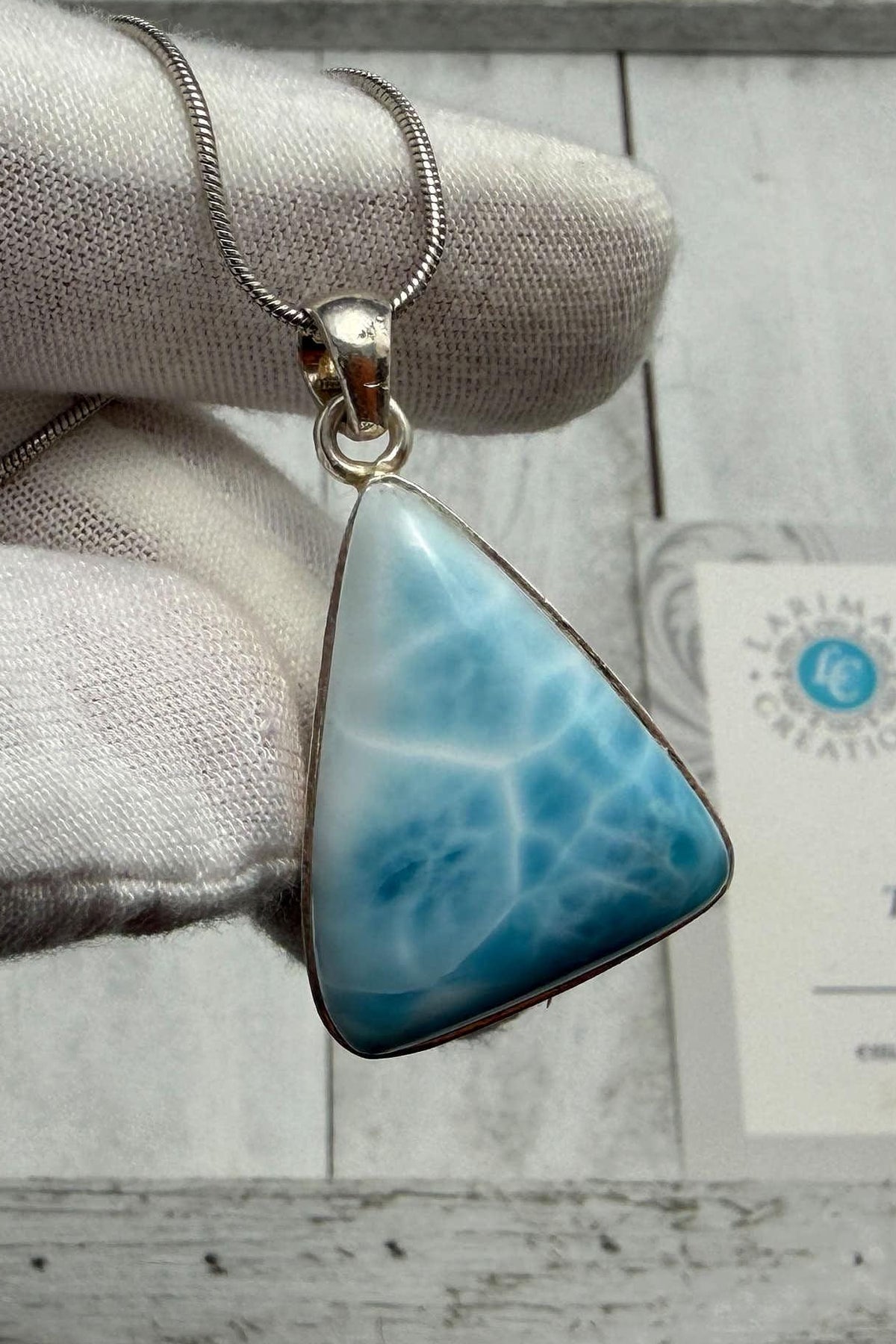 Large Triangle Larimar Pendant Necklace, Sterling Silver Caribbean Blue Stone, Boho Style