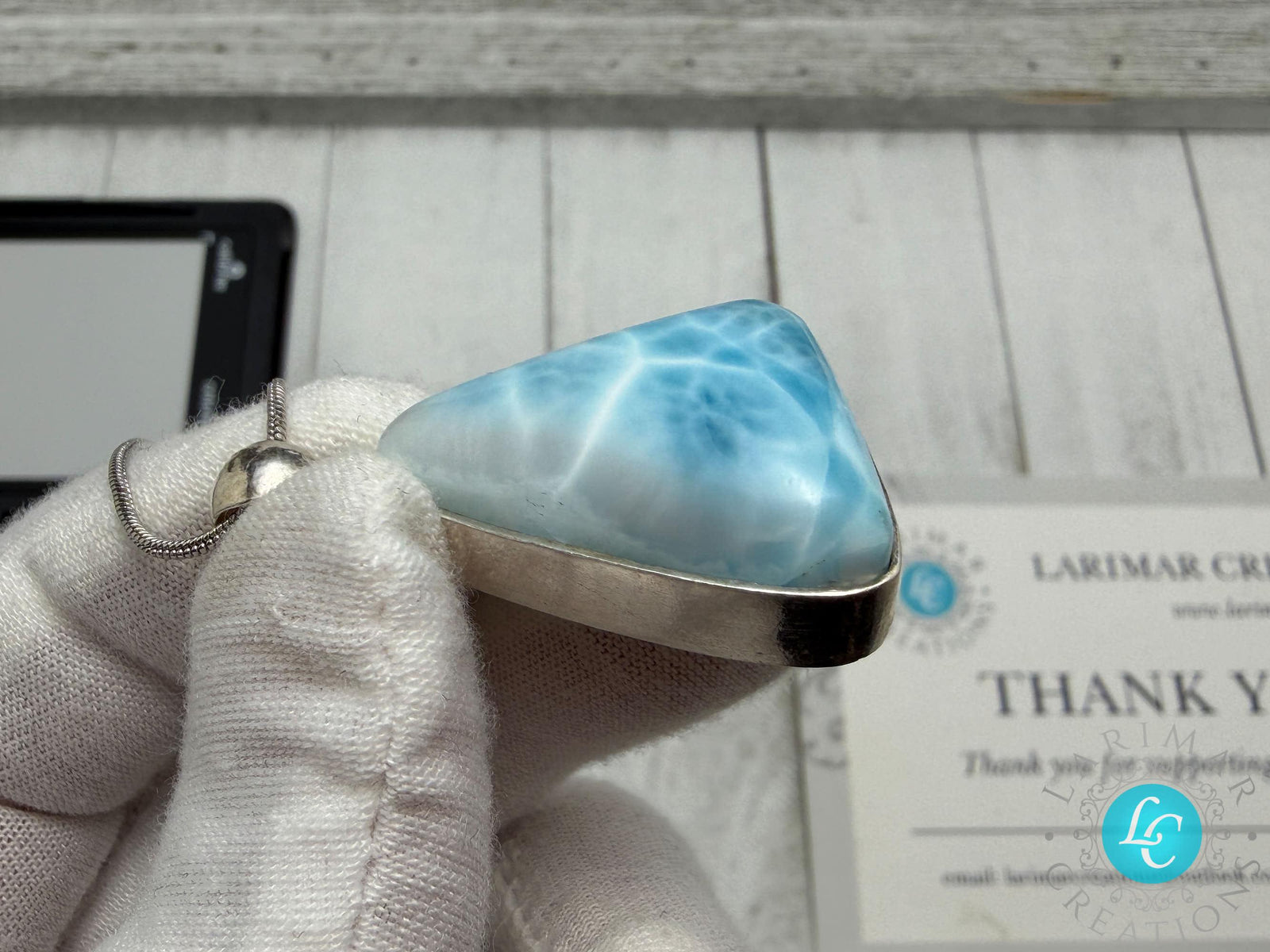 Large Triangle Larimar Pendant Necklace, Sterling Silver Caribbean Blue Stone, Boho Style