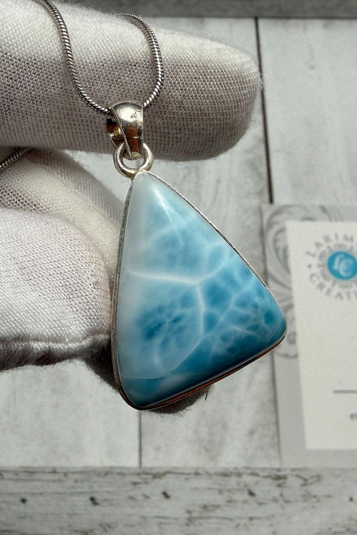Large Triangle Larimar Pendant Necklace, Sterling Silver Caribbean Blue Stone, Boho Style