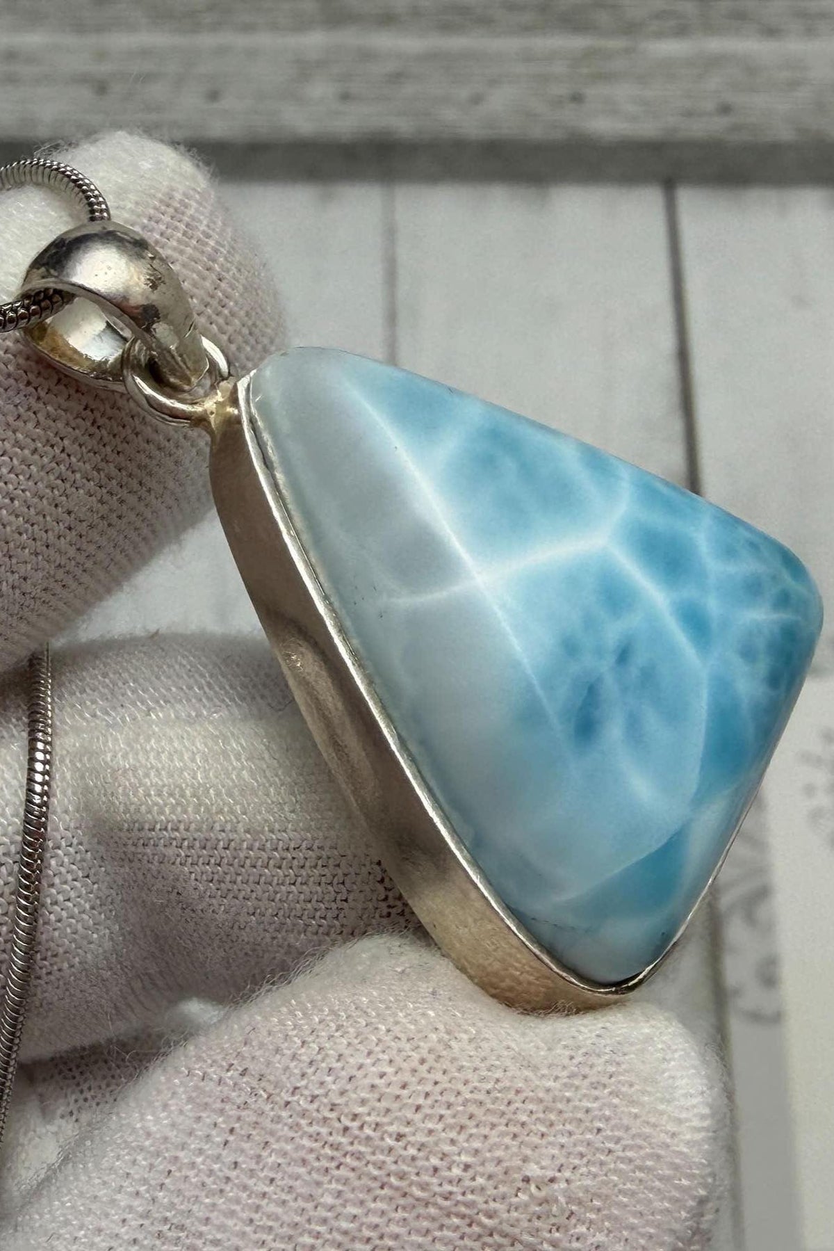 Large Triangle Larimar Pendant Necklace, Sterling Silver Caribbean Blue Stone, Boho Style