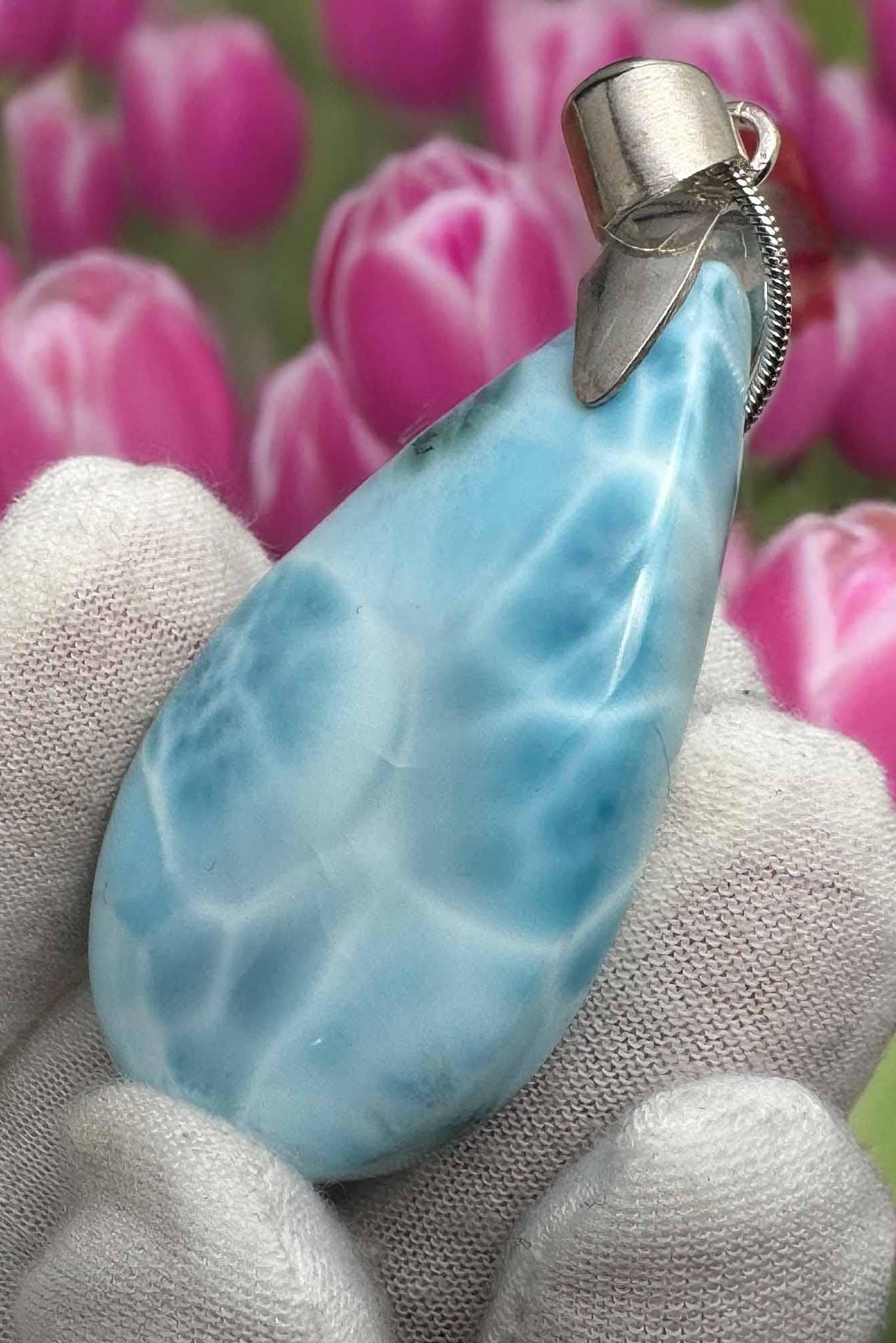 Large Larimar Sterling Silver Pendant Ocean Blue Gemstone Jewelry Healing Crystal