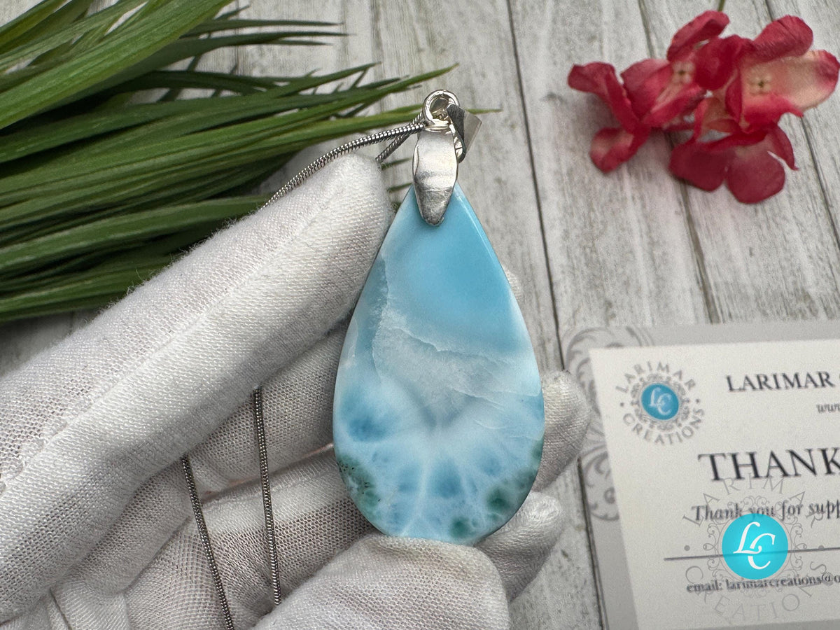 Large Larimar Sterling Silver Pendant Ocean Blue Gemstone Jewelry Healing Crystal