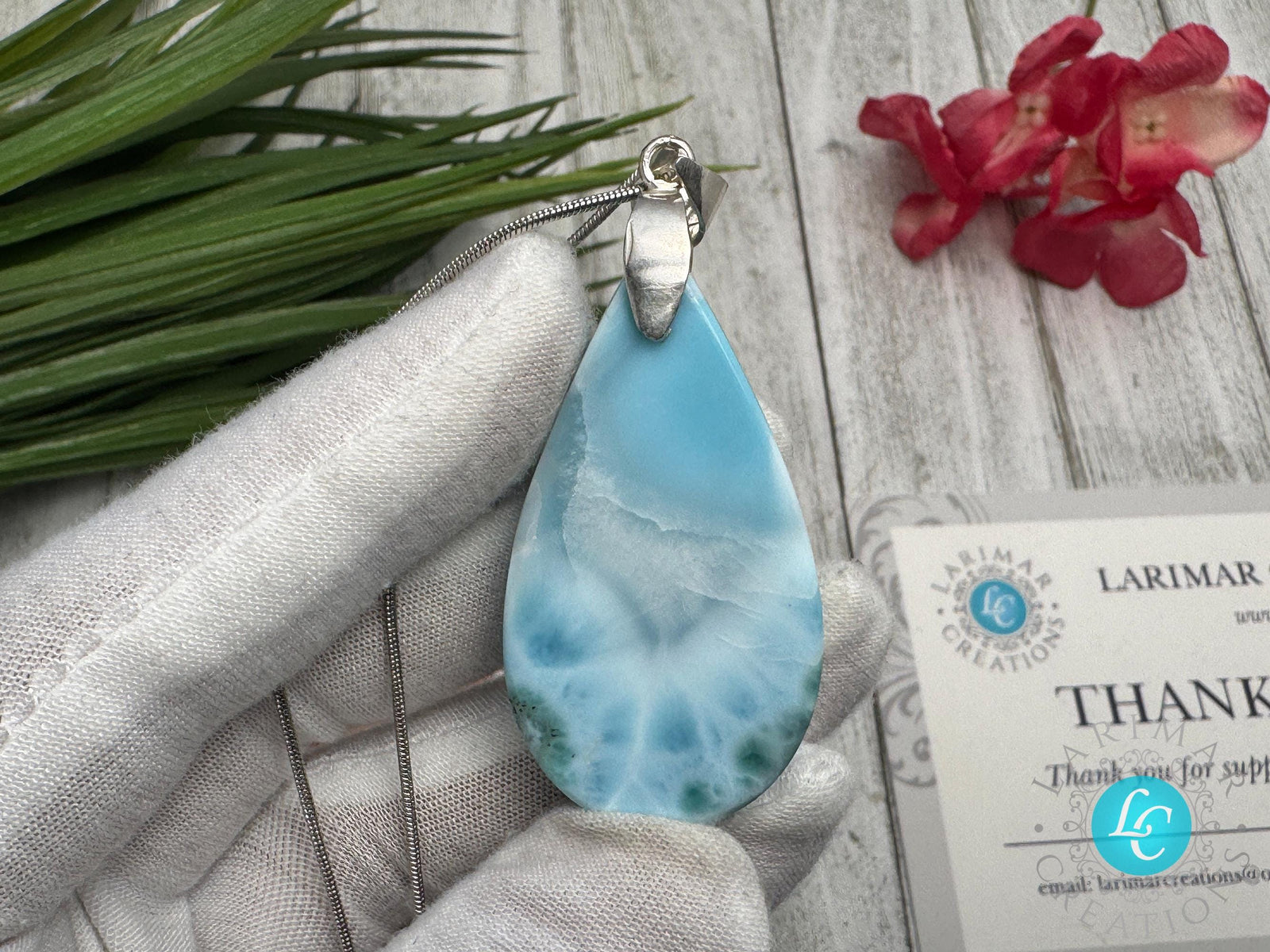 Large Larimar Sterling Silver Pendant Ocean Blue Gemstone Jewelry Healing Crystal