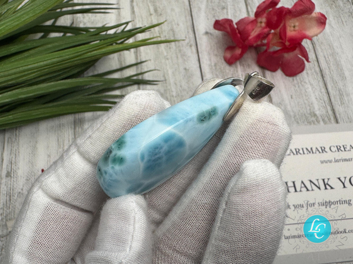 Large Larimar Sterling Silver Pendant Ocean Blue Gemstone Jewelry Healing Crystal