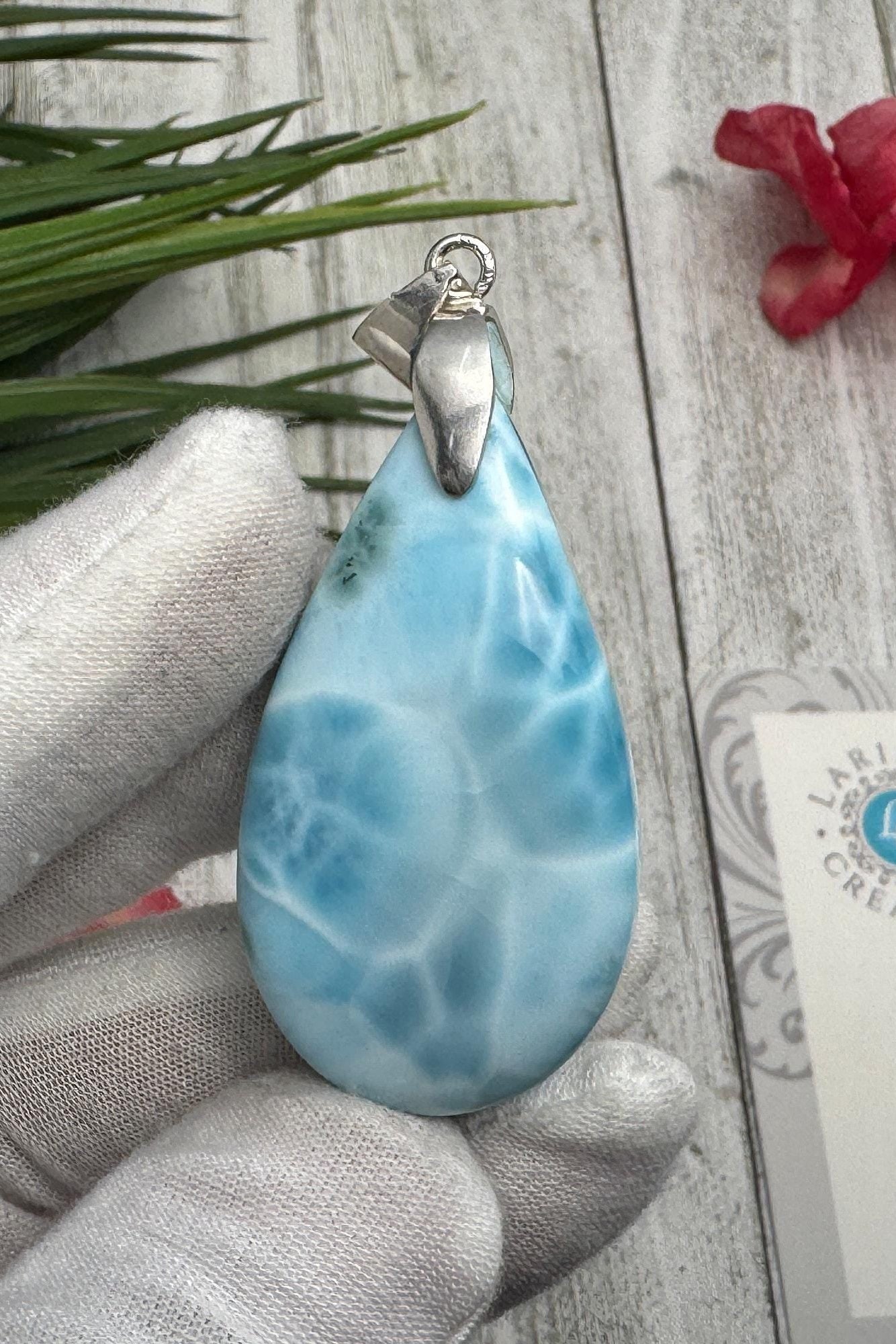 Large Larimar Sterling Silver Pendant Ocean Blue Gemstone Jewelry Healing Crystal