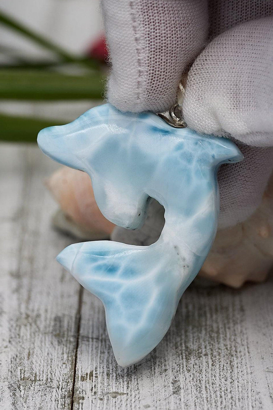 Larimar Dolphin Pendant Necklace, Sterling Silver Teardrop Jewelry