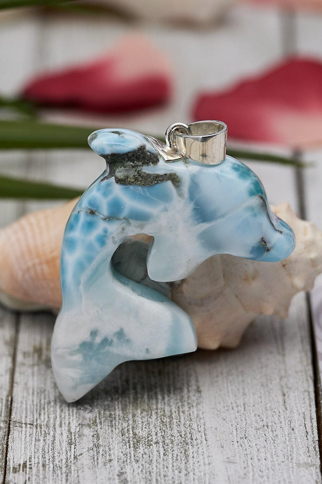 Larimar Dolphin Pendant Necklace, Sterling Silver Teardrop Jewelry