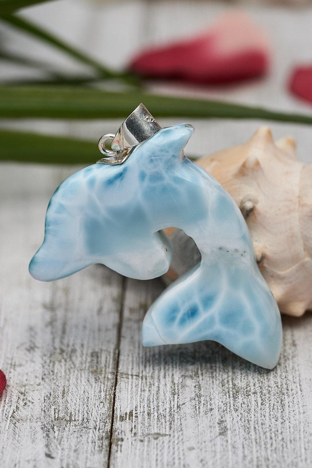 Larimar Dolphin Pendant Necklace, Sterling Silver Teardrop Jewelry