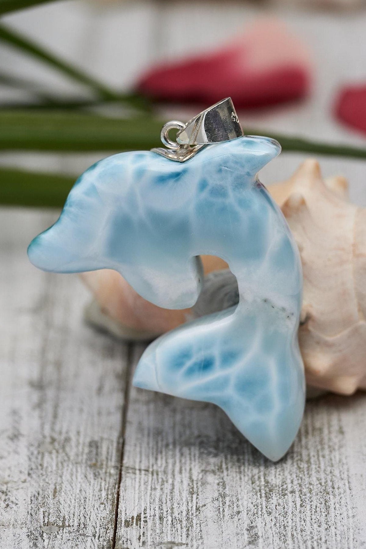 Larimar Dolphin Pendant Necklace, Sterling Silver Teardrop Jewelry