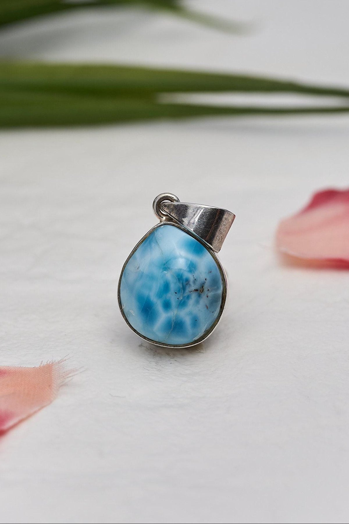 Sterling Silver Teardrop Larimar Pendant, Blue Kidney Pattern Cabochon