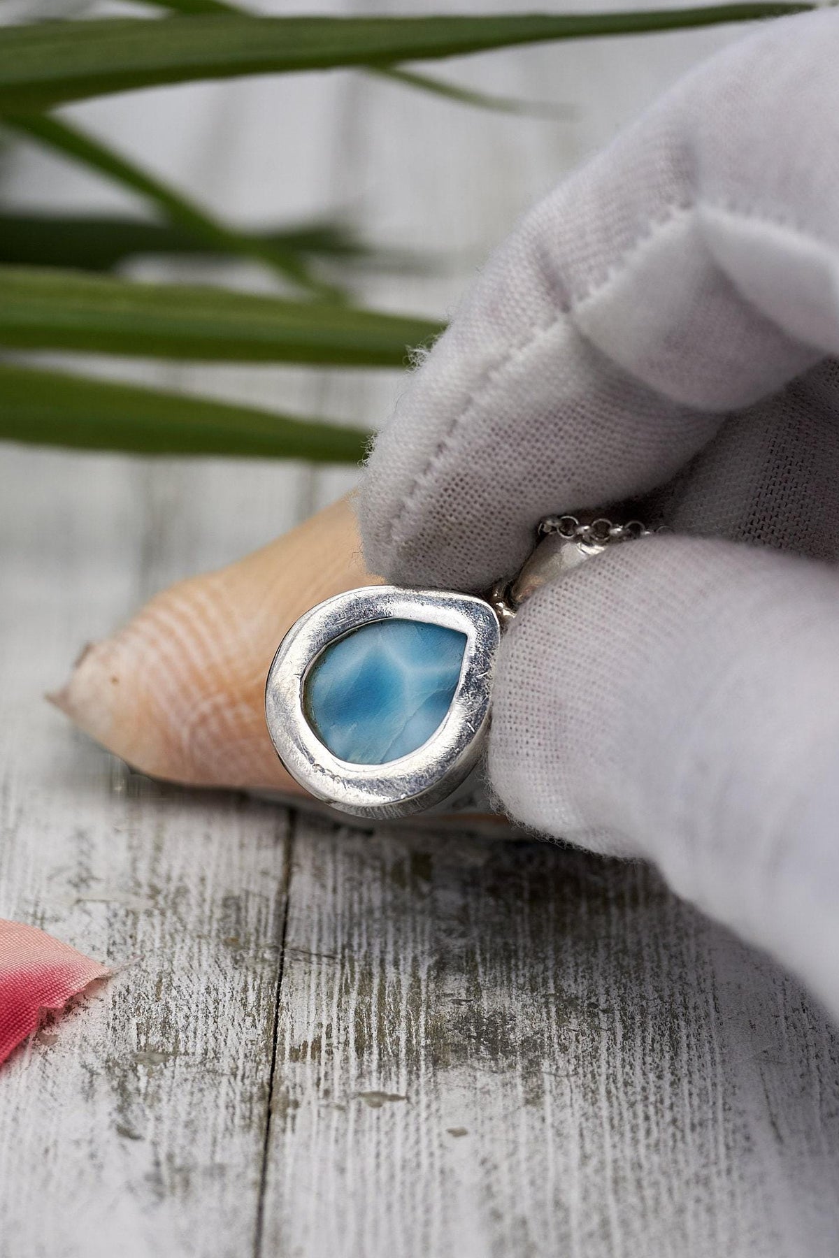 Sterling Silver Teardrop Larimar Pendant, Blue Kidney Pattern Cabochon
