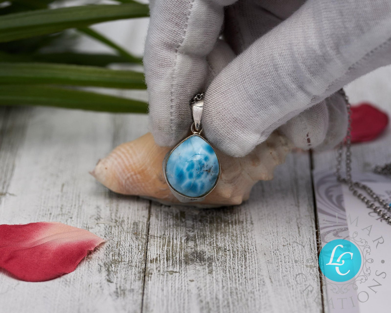 Sterling Silver Teardrop Larimar Pendant, Blue Kidney Pattern Cabochon