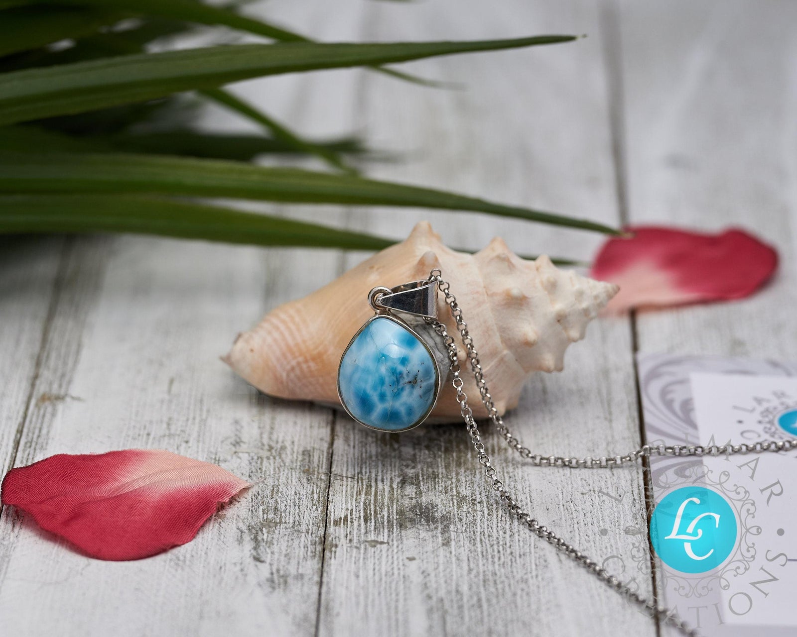 Sterling Silver Teardrop Larimar Pendant, Blue Kidney Pattern Cabochon