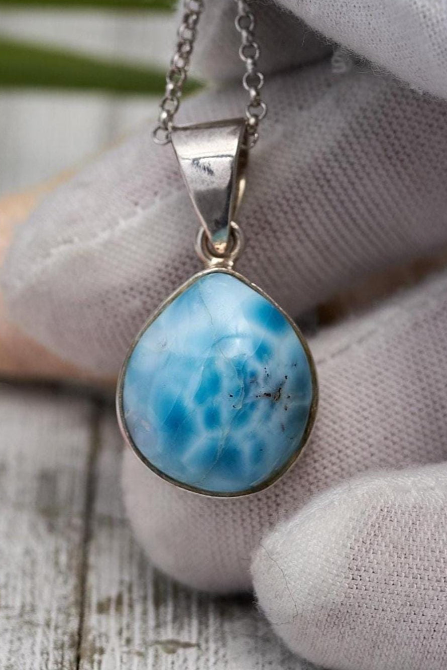Sterling Silver Teardrop Larimar Pendant, Blue Kidney Pattern Cabochon