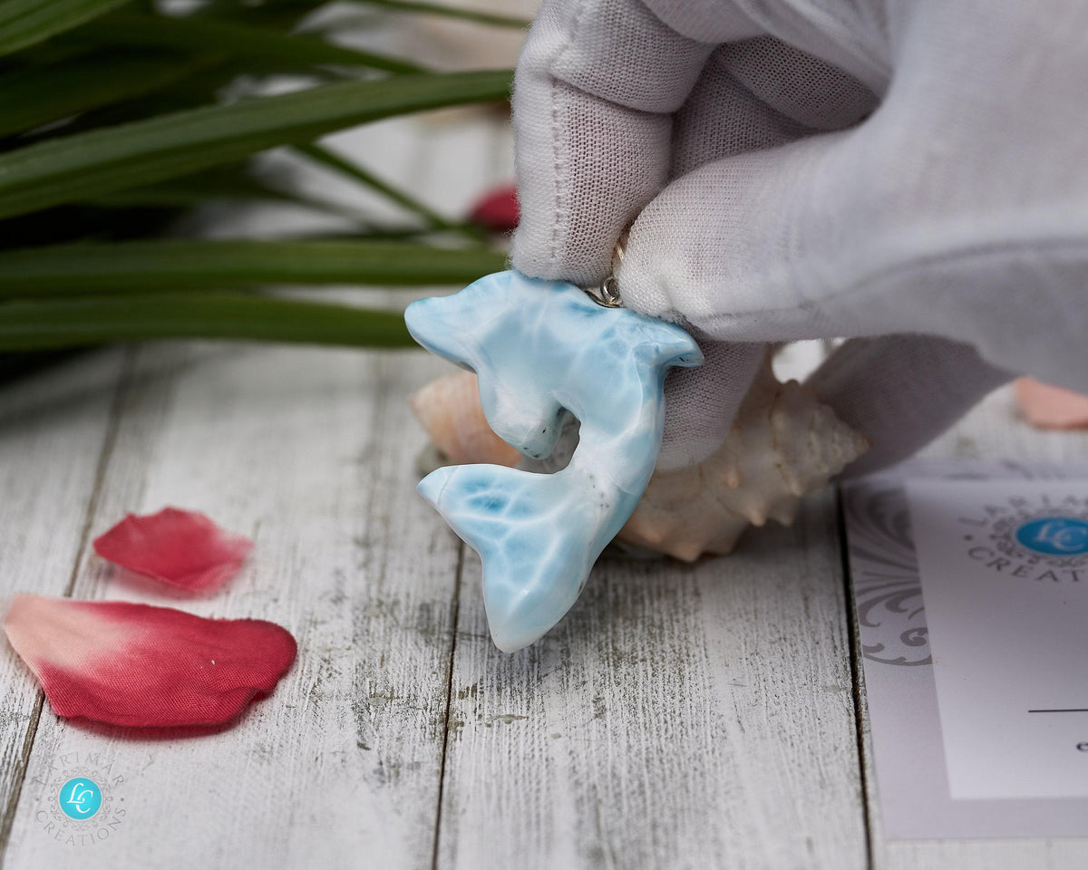 Larimar Dolphin Pendant Necklace, Sterling Silver Teardrop Jewelry
