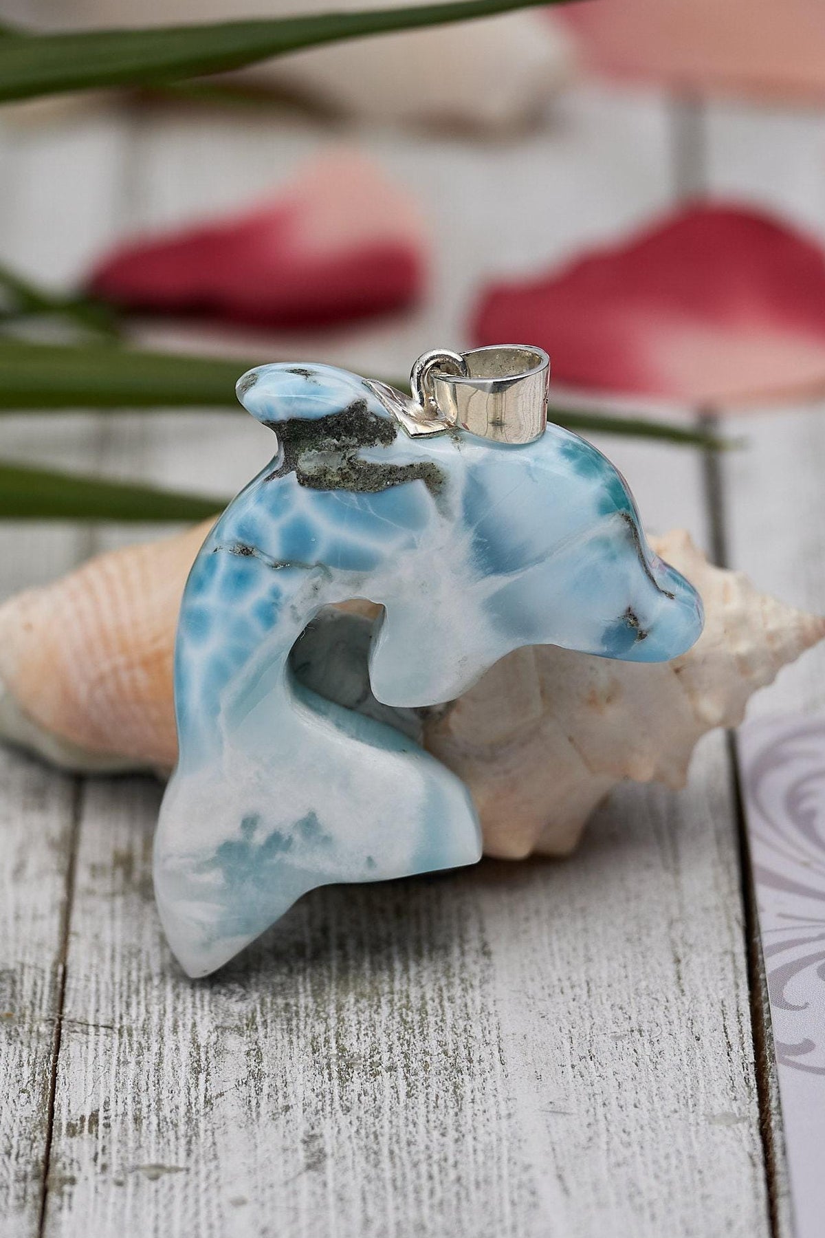 Larimar Dolphin Pendant Necklace, Sterling Silver Teardrop Jewelry