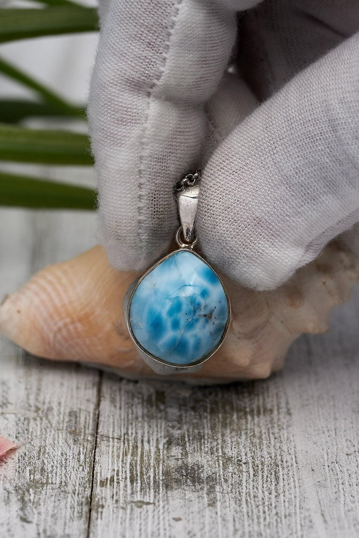 Sterling Silver Teardrop Larimar Pendant, Blue Kidney Pattern Cabochon