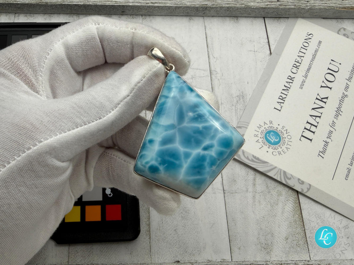 Larimar Pendant Double-Sided Polished 925 Sterling Silver Teardrop Necklace Dominican Gemstone Jewelry