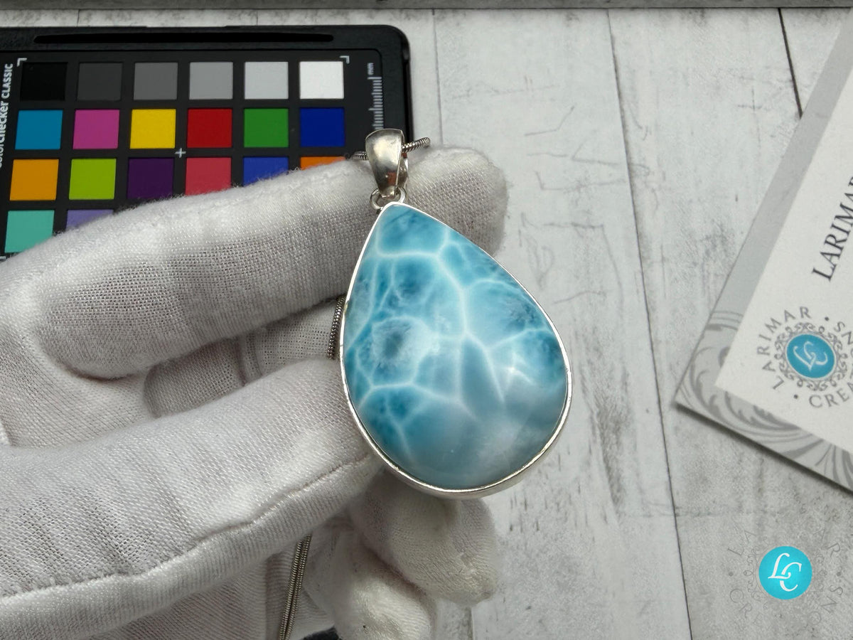 Authentic Larimar Teardrop Pendant | Sterling Silver Boho Statement Necklace