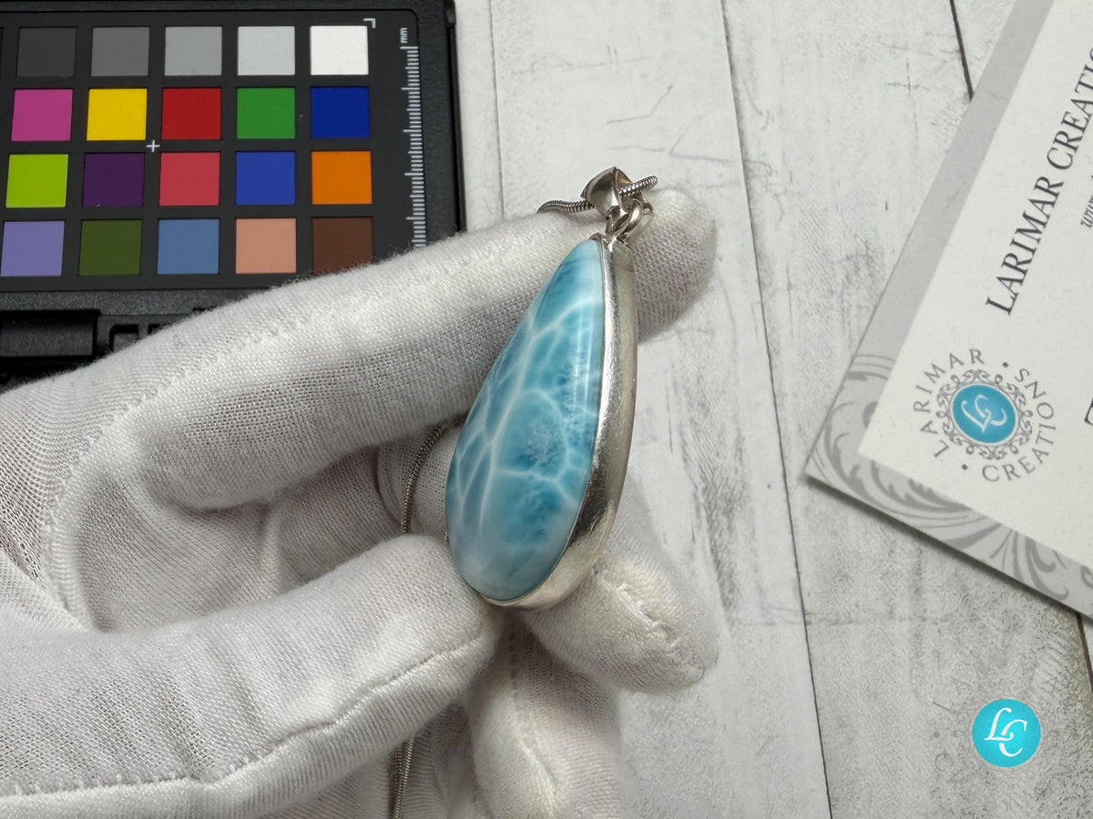 Authentic Larimar Teardrop Pendant | Sterling Silver Boho Statement Necklace