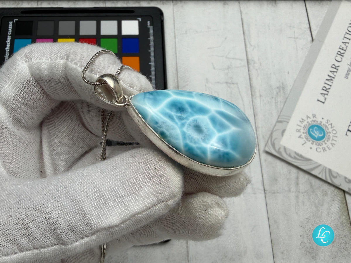Authentic Larimar Teardrop Pendant | Sterling Silver Boho Statement Necklace