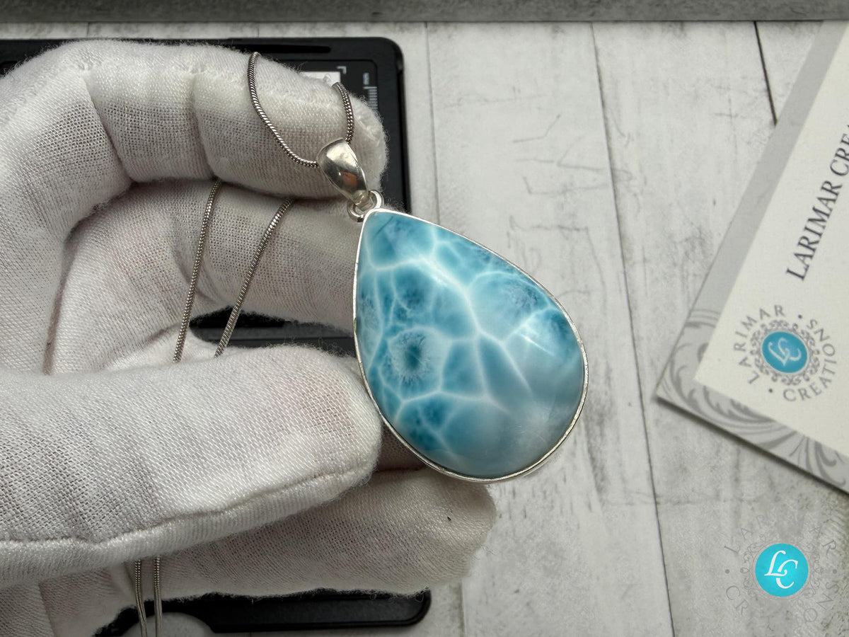 Authentic Larimar Teardrop Pendant | Sterling Silver Boho Statement Necklace